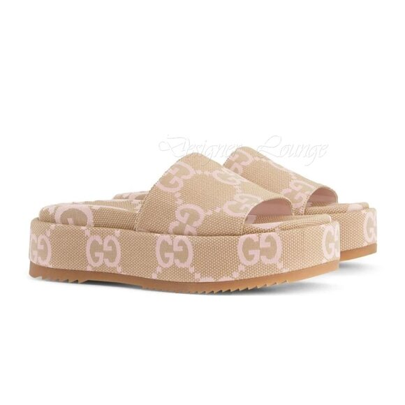NEW GUCCI Macro GG Beige Monogram Canvas Platform Sandals Size EU 40.5 US 10.5 - Picture 2 of 12